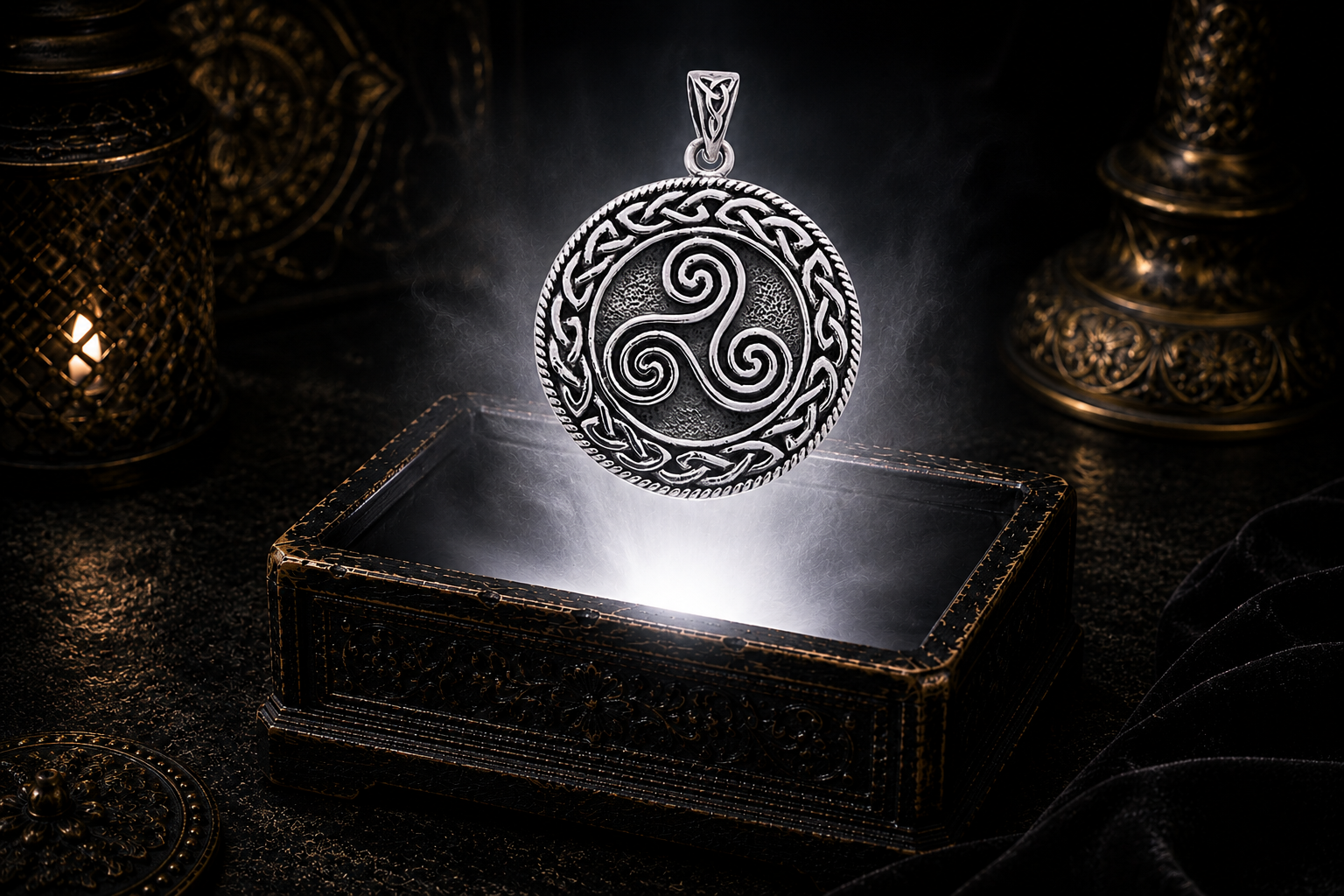 Sterling silver Celtic Triple Spiral Triskele pendant framed by intricate Celtic knotwork, floating above an ornate jewelry box illuminated by mystical light in a dark luxury setting.
