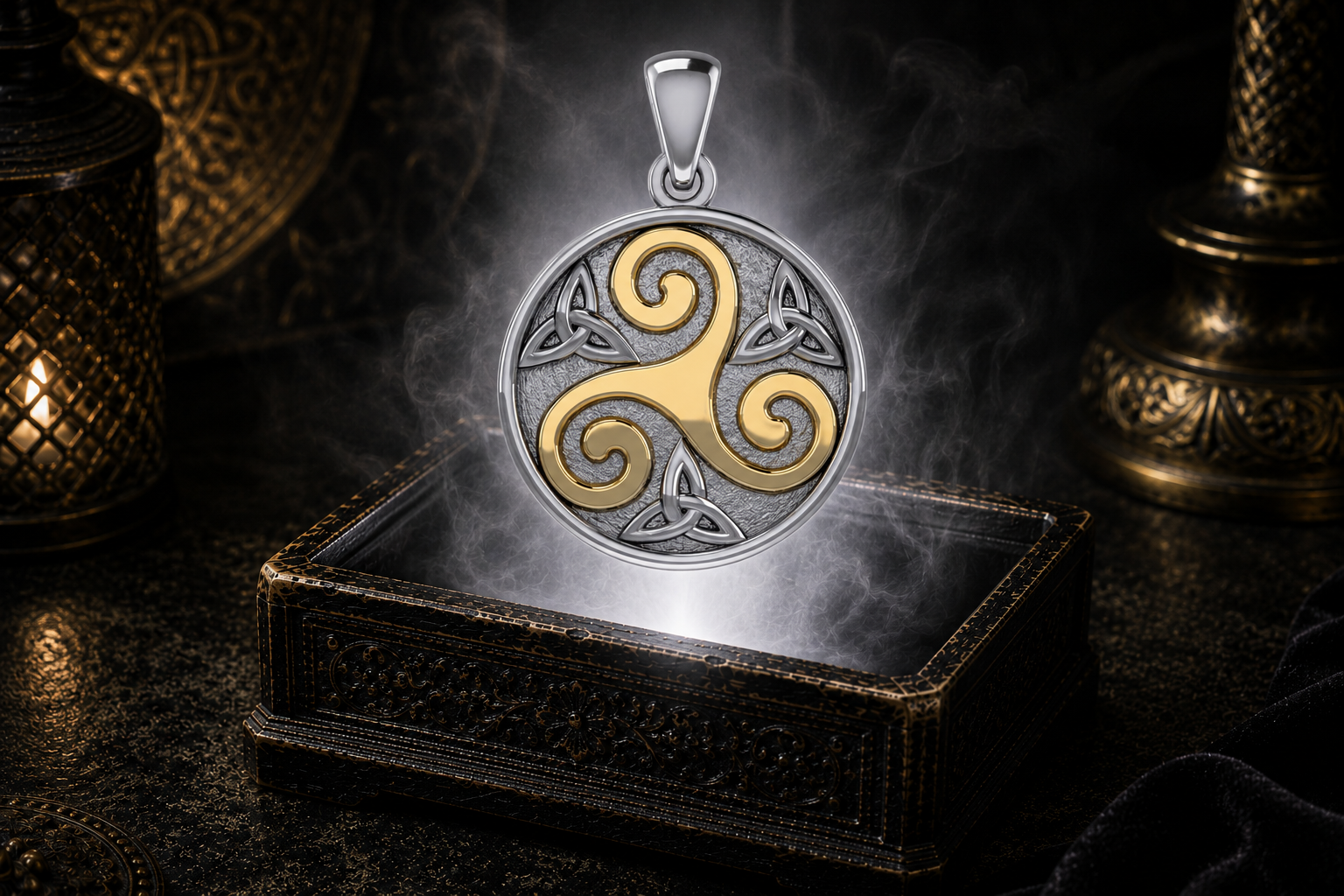 Sterling silver Celtic Triskele pendant featuring a raised 14K gold vermeil Triple Spiral surrounded by three Triquetra knots, floating above an ornate jewelry box in a dark luxury setting.
