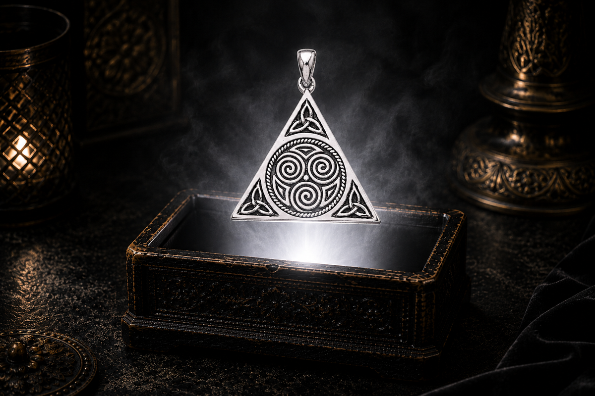 Sterling silver Celtic Triskele triangle, pyramid pendant featuring a Triple Spiral surrounded by Triquetra knots, floating above an ornate jewelry box in a dark luxury setting illuminated by mystical light.