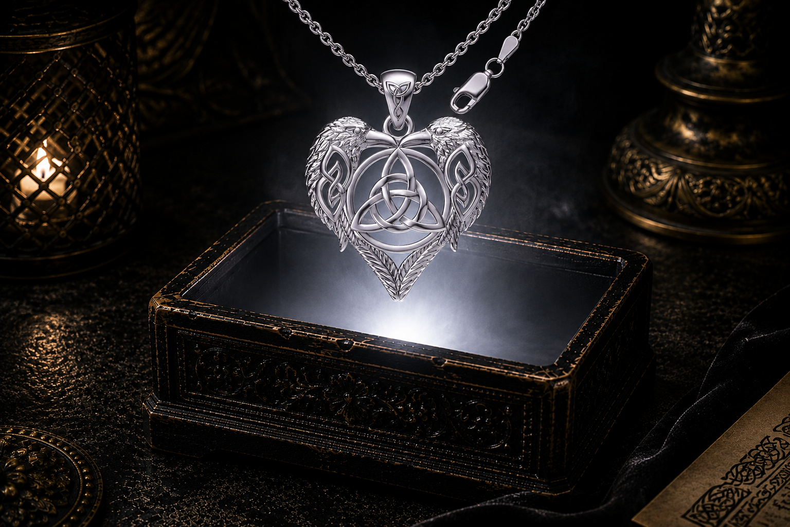 Sterling Silver Celtic Twin Raven Heart Triquetra Pendant with 925 silver chain floating above an antique carved black jewelry box with a brilliant white light beam, drifting mist, warm candlelight, and a cinematic luxury background.