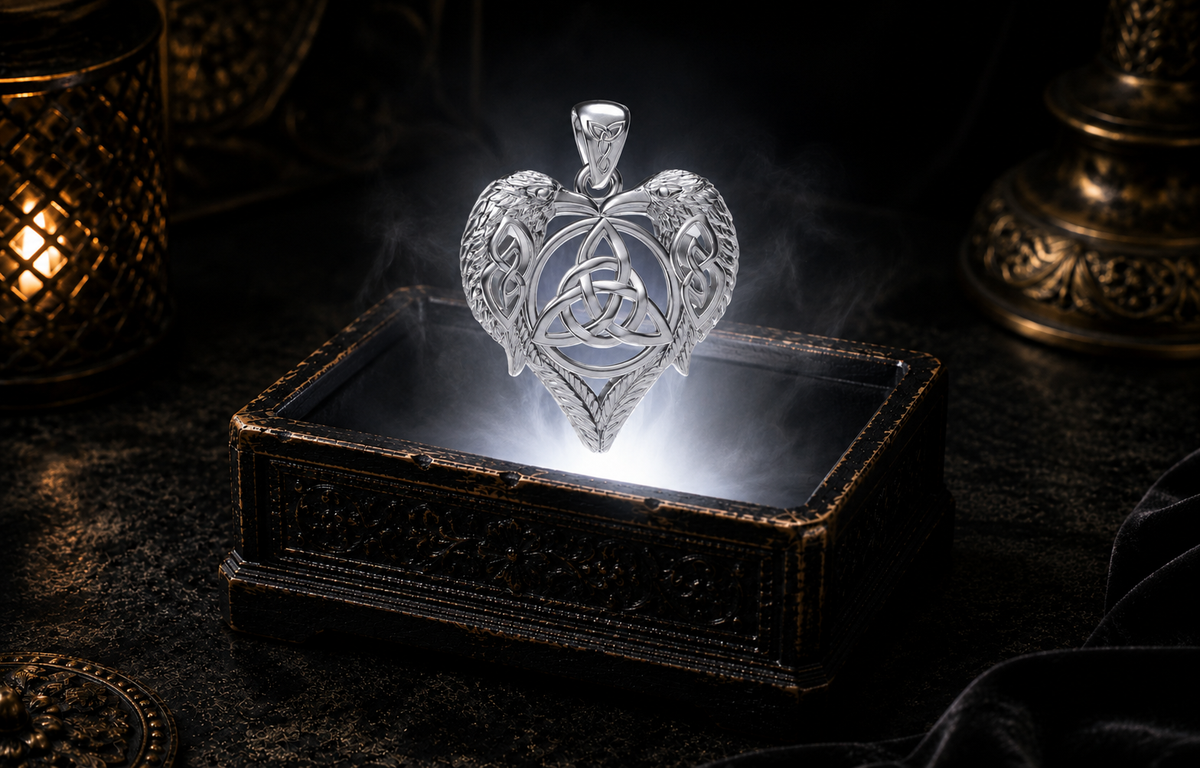 Sterling Silver Celtic Twin Raven Heart Triquetra Pendant floating above an antique carved black jewelry box with a brilliant white light beam, drifting mist, warm candlelight, and a cinematic luxury background.