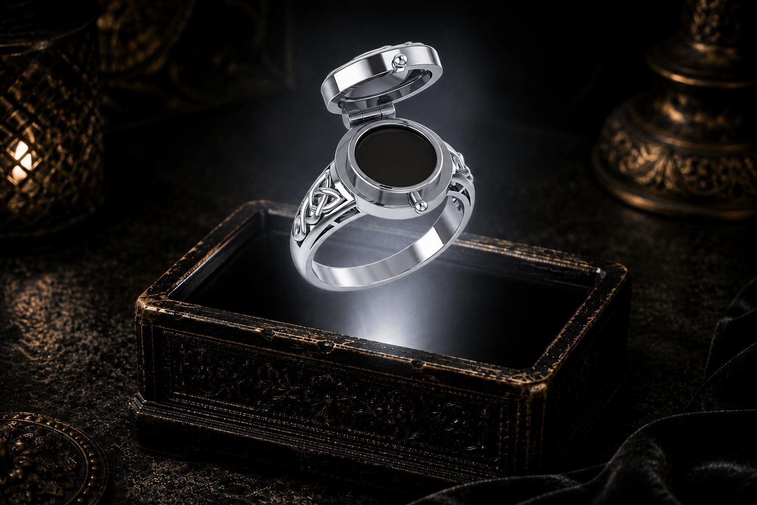 Closed Poison Ring in Sterling Silver with Claddagh design showing its concealed compartment and Celtic knotwork band over an ornate keepsake box in a dark cinematic setting