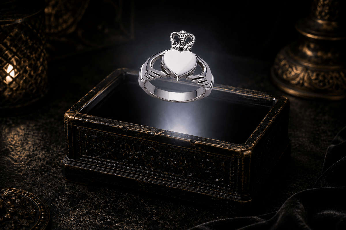 Closed sterling silver Claddagh poison ring with a smooth white heart inlay, floating above an ornate antique jewelry box in warm candlelight.