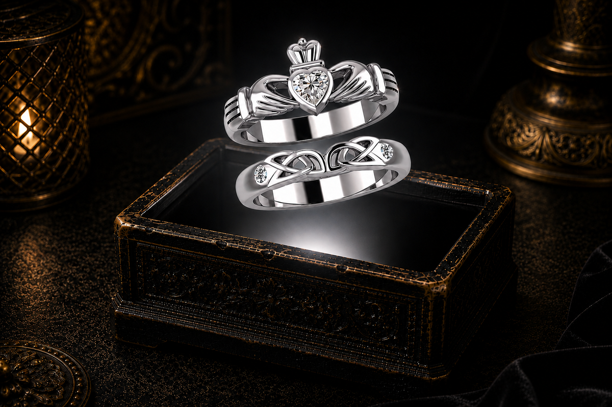 Sterling silver Claddagh ring set with Diamond gemstones hovering above an antique jewelry box in a cinematic luxury environment.