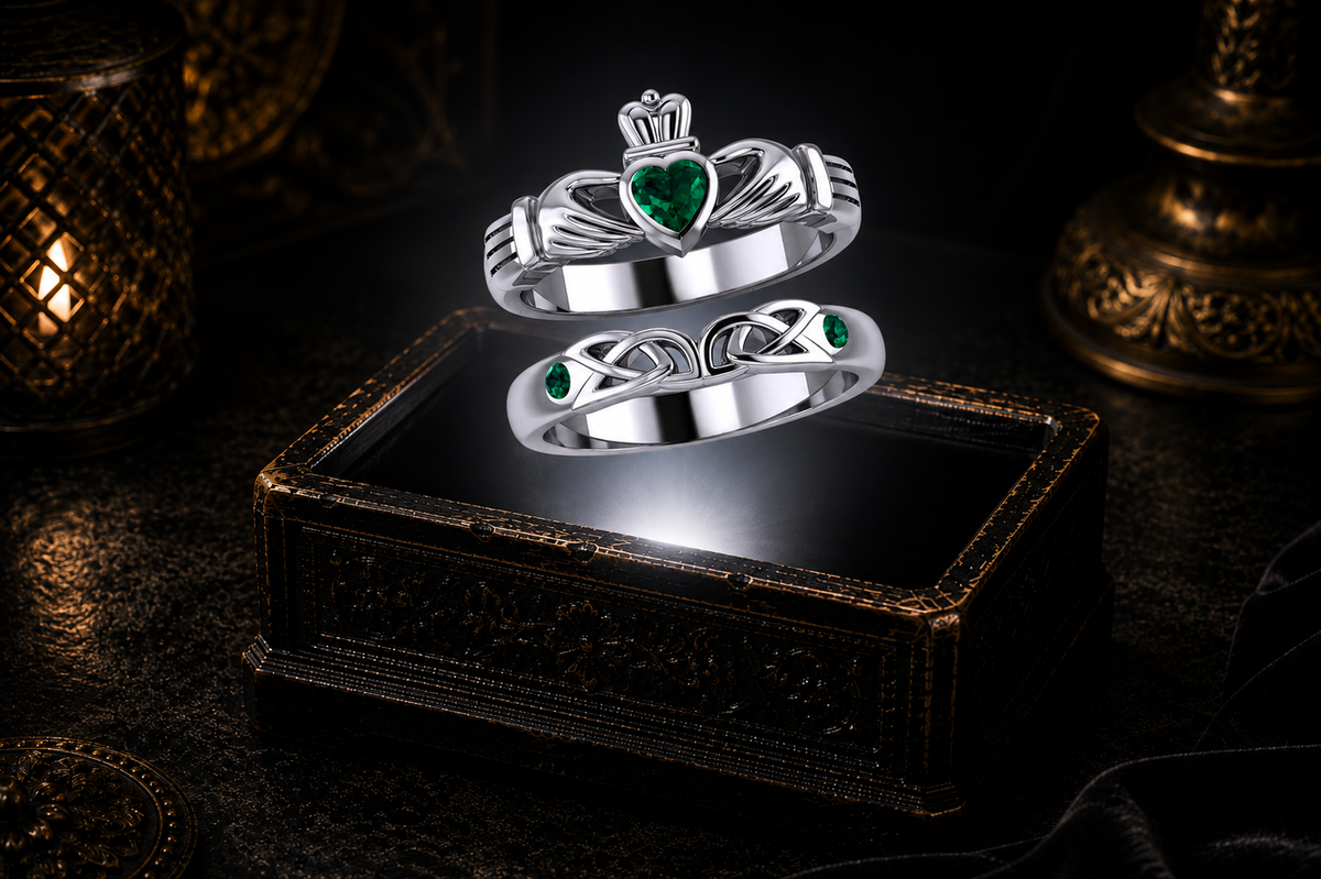 Sterling silver Claddagh ring set with Emerald Glass gemstones floating above an antique jewelry box in a beam of white light.