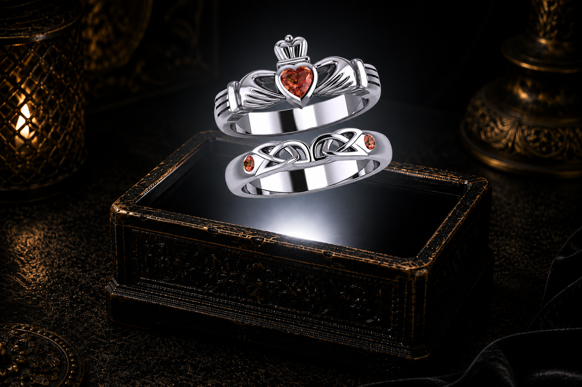 Sterling silver Claddagh ring set with Genuine Garnet gemstones showcased above a glowing antique keepsake box against a dark luxury backdrop.