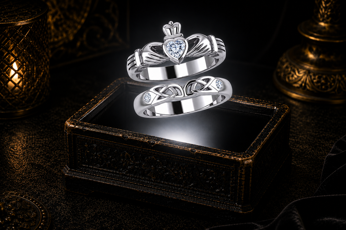 Sterling silver Claddagh ring set featuring White Cubic Zirconia gemstones displayed above an illuminated antique jewelry box surrounded by soft atmospheric lighting.