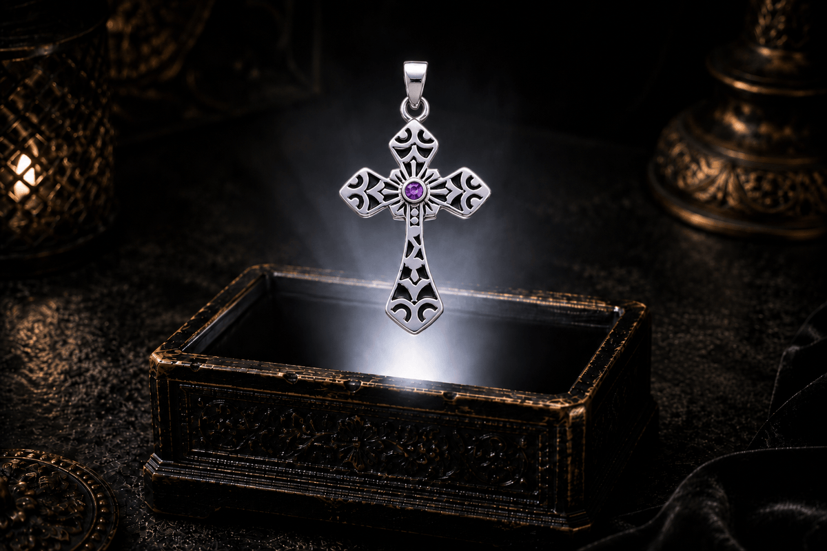 Sterling silver Gothic cross pendant with an Amethyst gemstone and dark recessed scrollwork hovering above an illuminated antique jewelry chest