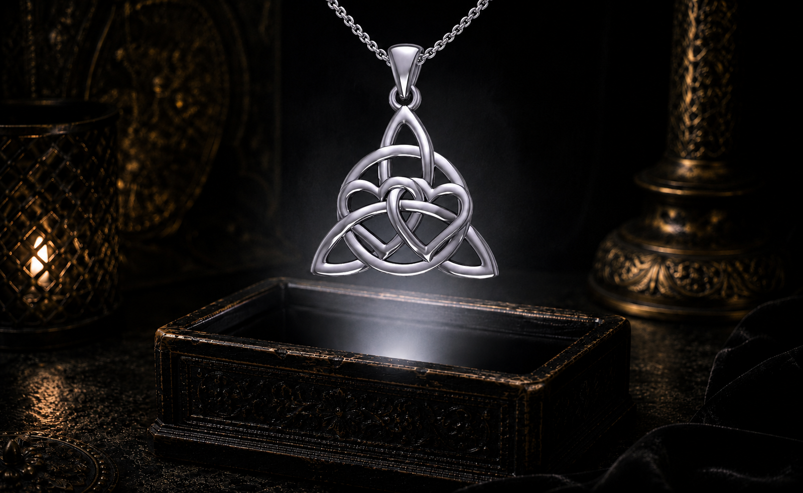 Sterling silver double heart Triquetra pendant with chain and Celtic knotwork floating above an ornate jewelry box in a dark luxury setting with mystical glowing light.