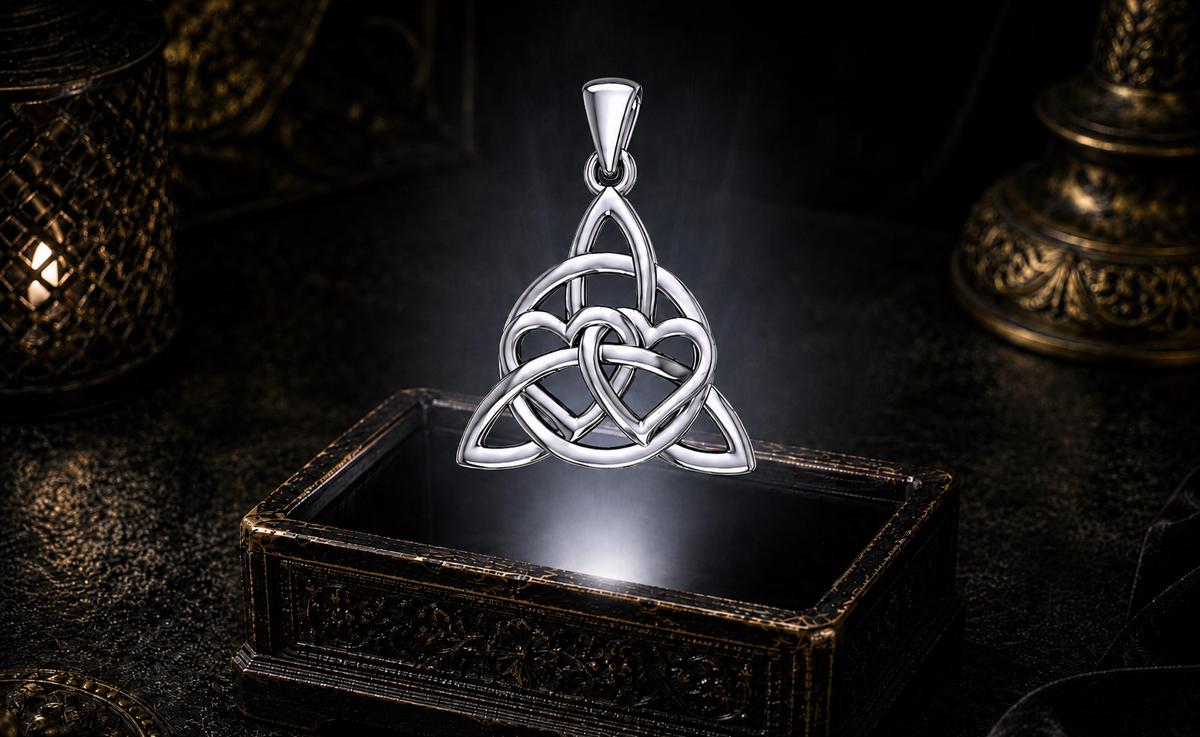 Sterling silver double heart entangled with a Triquetra pendant with Celtic knotwork floating above an ornate jewelry box in a dark luxury setting with mystical glowing light.