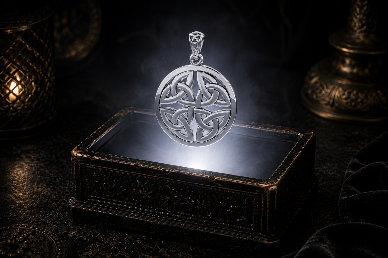 Sterling silver Fourfold Trinity Knot Circle pendant floating above an ornate jewelry box illuminated by soft white light in a dark luxury Celtic-inspired setting.