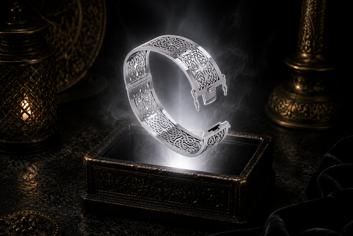 Wide sterling silver hollow Celtic knotwork bangle bracelet with intricate see-through design floating above an ornate black jewelry box illuminated by soft white light in a dark luxury setting with a refined cinematic atmosphere.