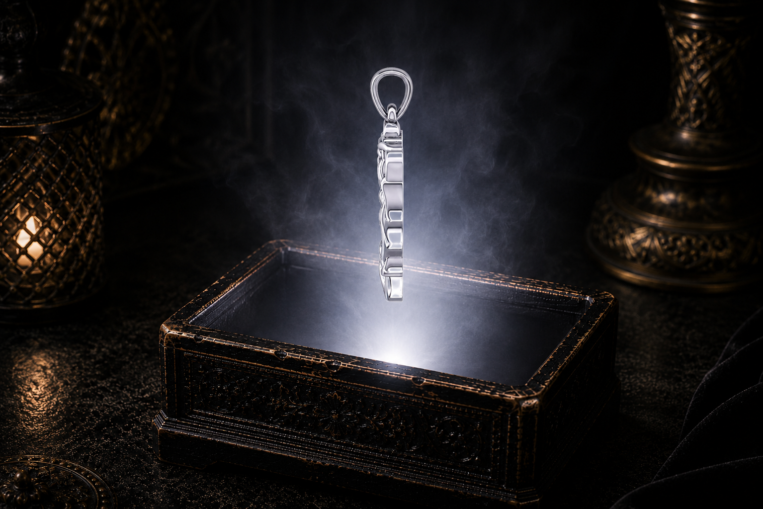 Sterling silver horse heart pendant featuring two horses forming a heart with intricate Celtic knotwork, floating above an ornate jewelry box surrounded by warm glowing light in a dark luxury setting.