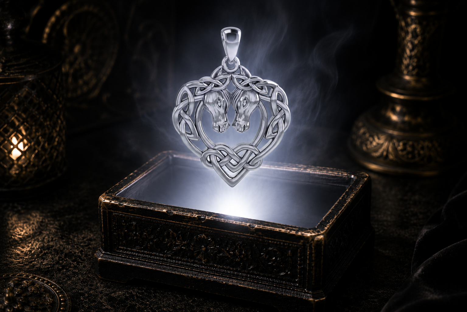 Sterling silver horse heart pendant featuring two horses forming a heart with intricate Celtic knotwork, floating above an ornate jewelry box surrounded by warm glowing light in a dark luxury setting.
