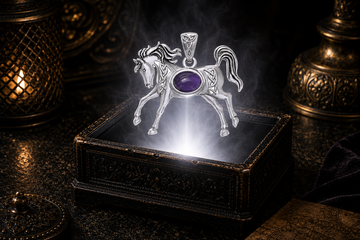 Image Alt-Text
Sterling silver horse pendant with a genuine amethyst gemstone floating above an ornate antique jewelry box illuminated by a brilliant white beam, surrounded by soft mist, warm candlelight, rich black velvet, and a luxurious cinematic setting.