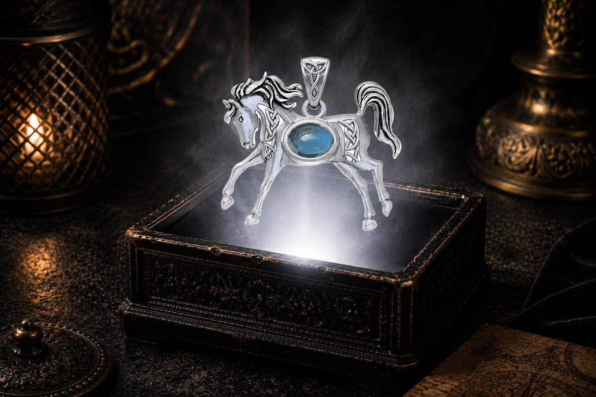 Sterling silver horse pendant with a genuine blue topaz gemstone floating above an ornate antique jewelry box illuminated by a brilliant white beam, surrounded by soft mist, warm candlelight, rich black velvet, and a luxurious cinematic setting.
