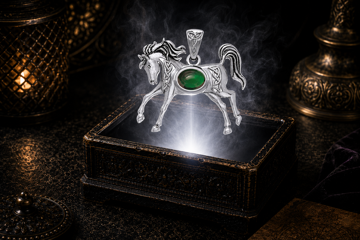 Sterling silver horse pendant with an emerald glass gemstone floating above an ornate antique jewelry box illuminated by a brilliant white beam, surrounded by soft mist, warm candlelight, rich black velvet, and a luxurious cinematic setting.
