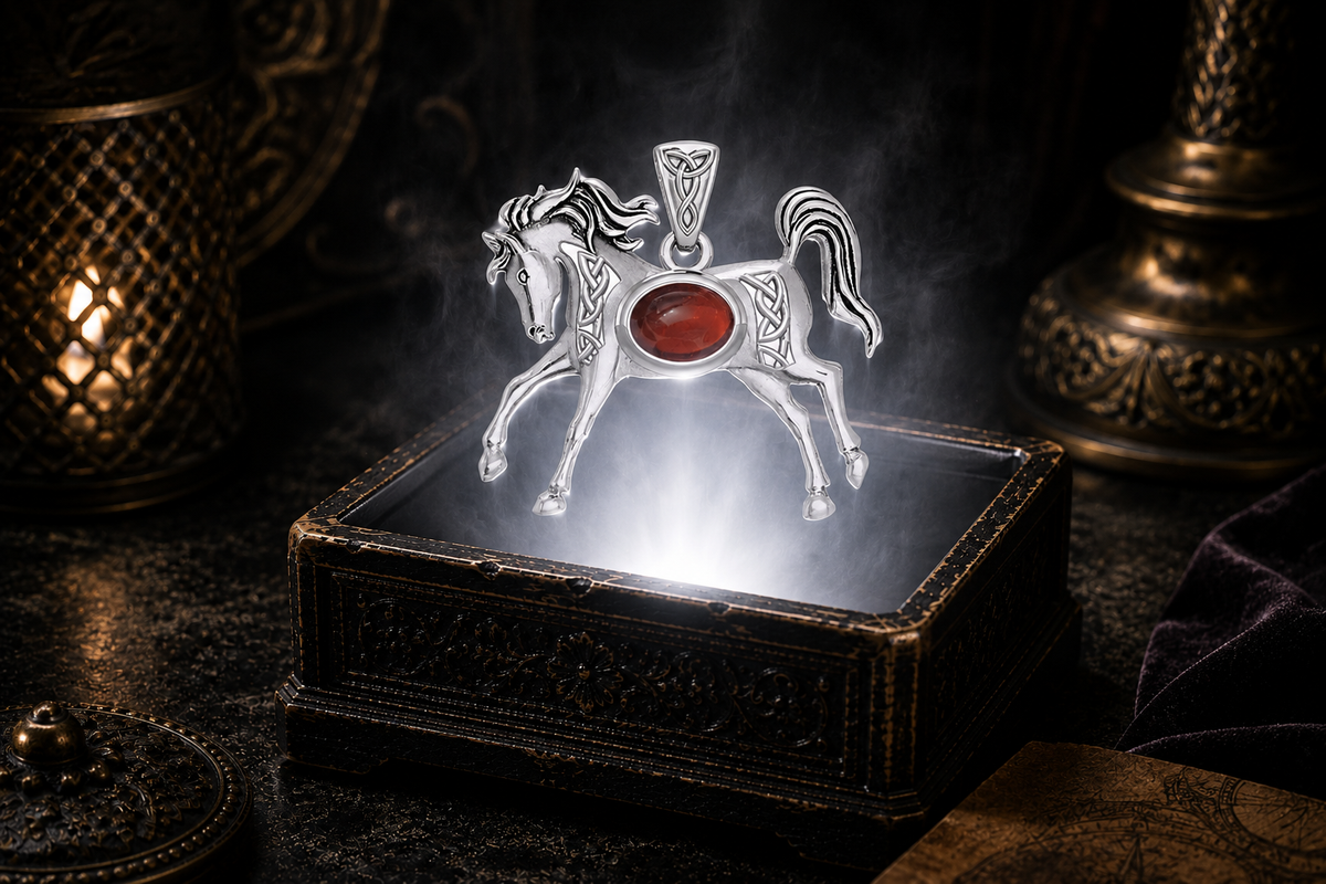 Sterling silver horse pendant with a genuine garnet gemstone floating above an ornate antique jewelry box illuminated by a brilliant white beam, surrounded by soft mist, warm candlelight, rich black velvet, and a luxurious cinematic setting.