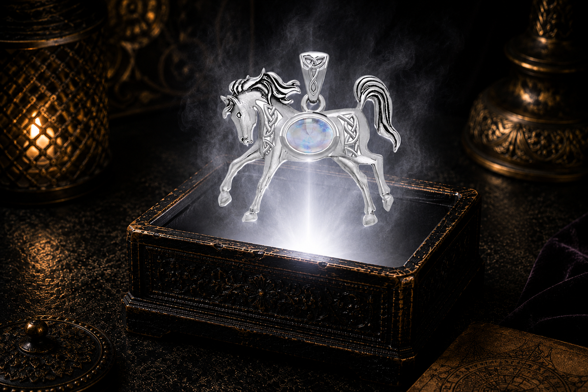 Sterling silver horse pendant with a genuine rainbow moonstone floating above an ornate antique jewelry box illuminated by a brilliant white beam, surrounded by soft mist, warm candlelight, rich black velvet, and a luxurious cinematic setting.