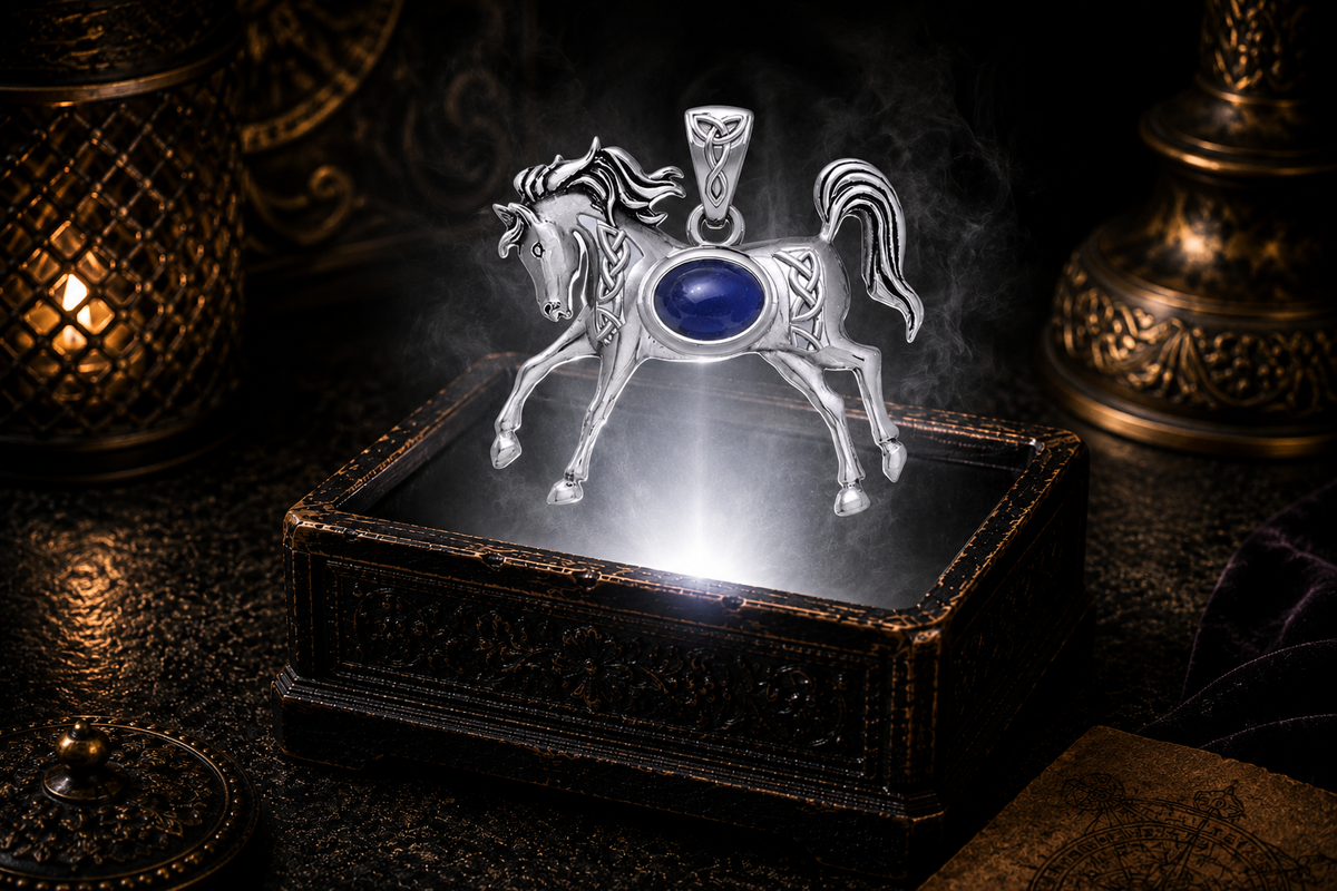 Sterling silver horse pendant with a created sapphire gemstone floating above an ornate antique jewelry box illuminated by a brilliant white beam, surrounded by soft mist, warm candlelight, rich black velvet, and a luxurious cinematic setting.