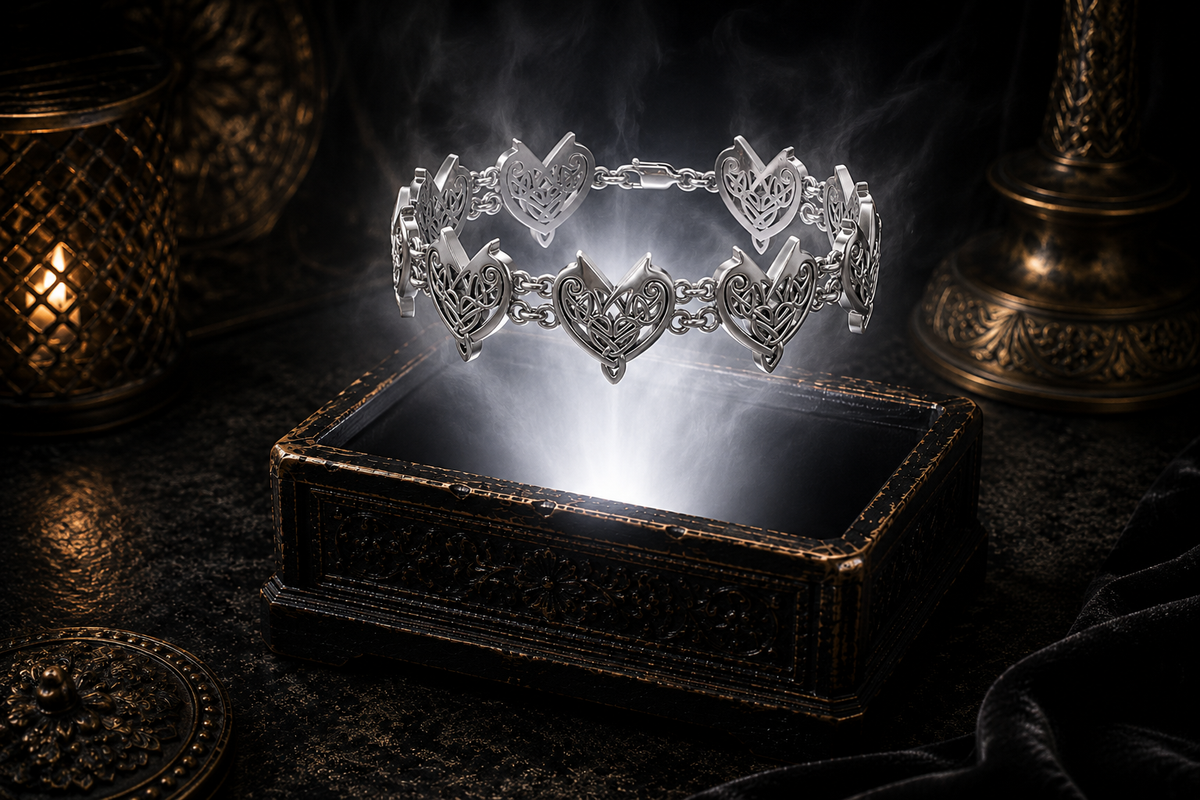 Sterling silver love knot bracelet featuring Celtic heart links floating above a decorative black jewelry chest with soft white illumination and refined luxury atmosphere.