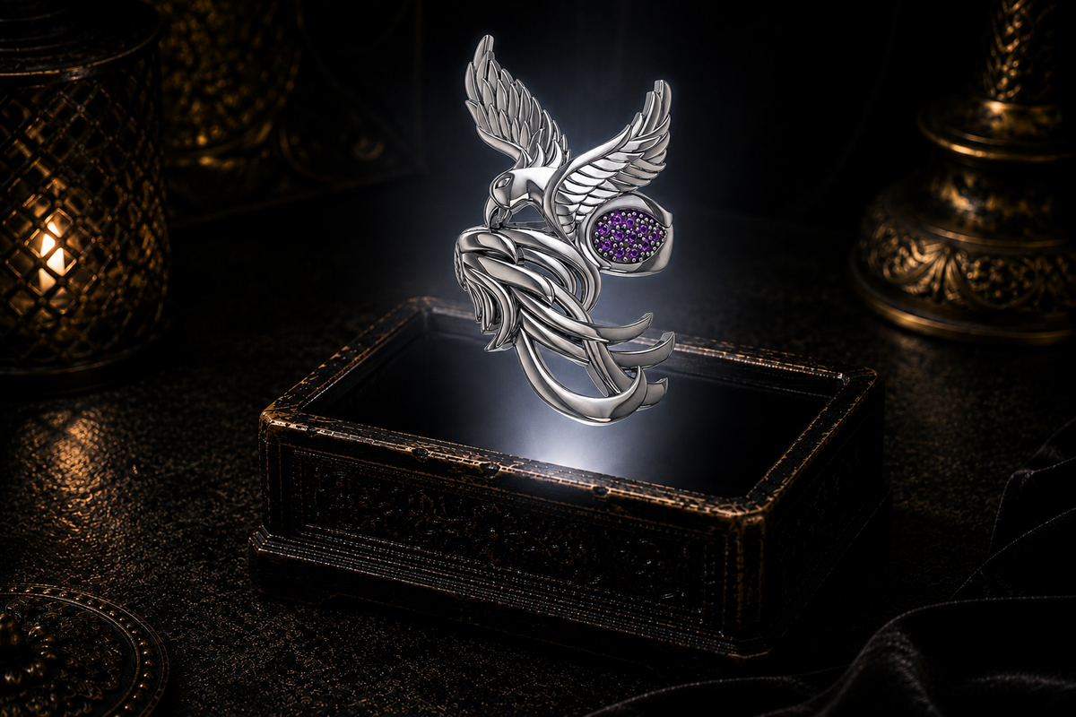 Sterling silver phoenix ring of rebirth with amethyst gemstone accents displayed above an ornate dark jewelry box in a mystical gothic setting.