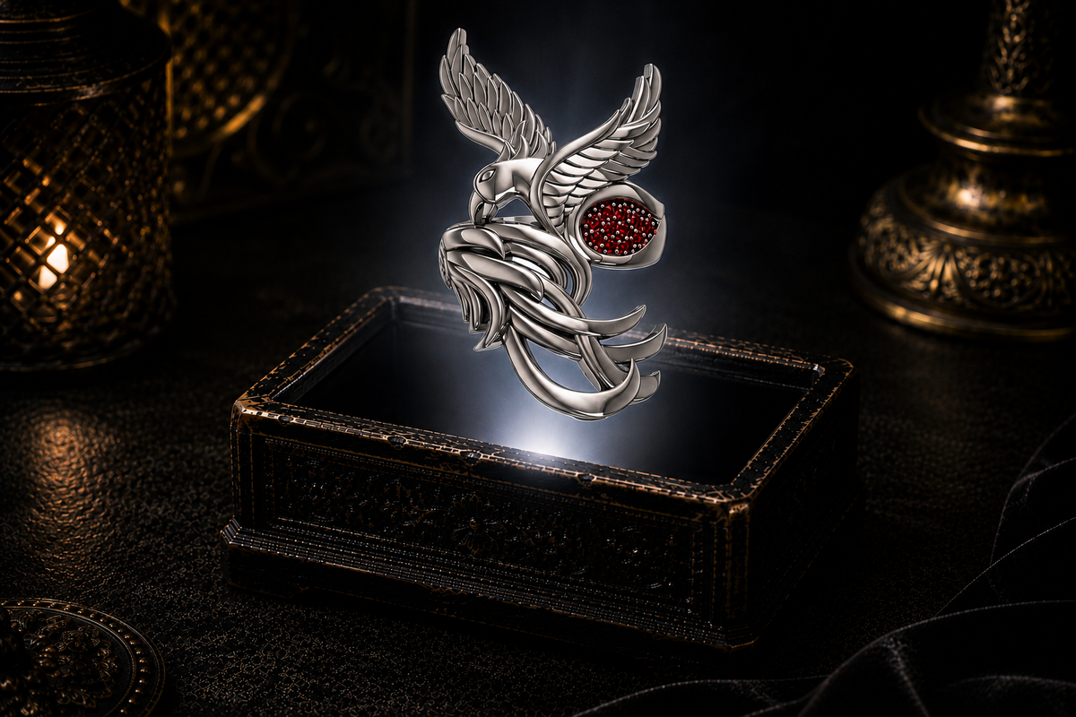 Sterling silver phoenix ring of rebirth with garnet gemstone accents displayed above an ornate dark jewelry box in a mystical gothic setting.