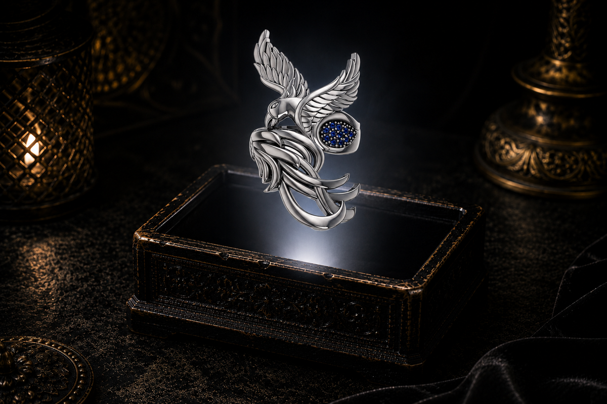 Sterling silver phoenix ring of rebirth with sapphire gemstone accents displayed above an ornate dark jewelry box in a mystical gothic setting.