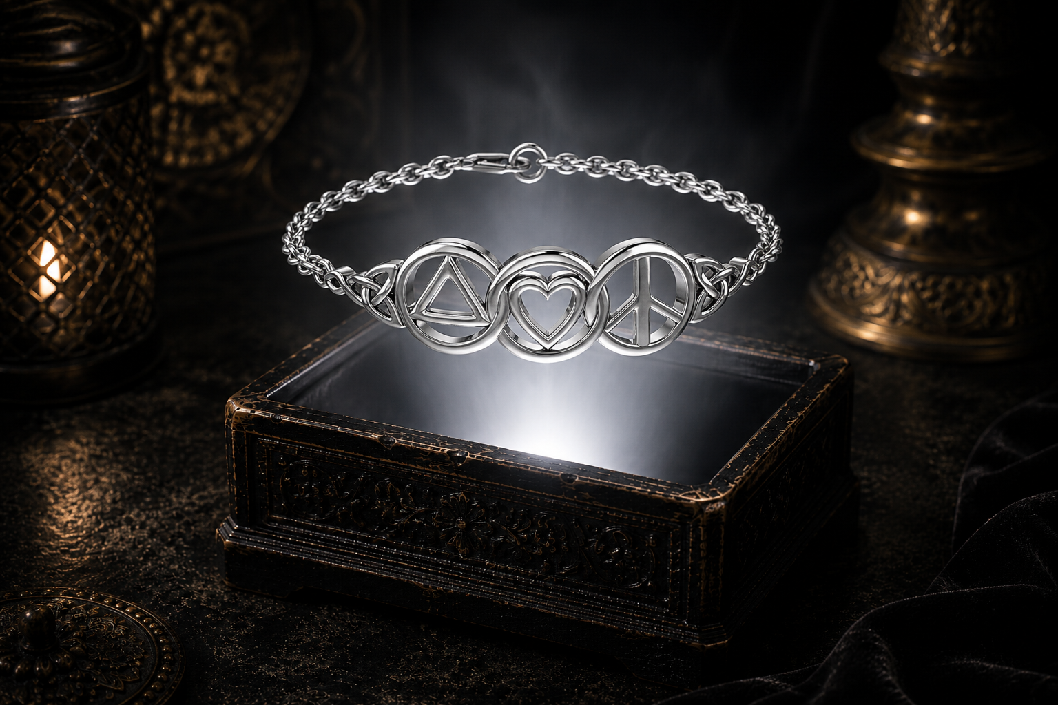 Sterling silver recovery bracelet featuring recovery, heart, and peace symbols floating above an ornate jewelry box illuminated by soft white light in a dark luxury setting symbolizing sobriety, healing, hope, and personal transformation.