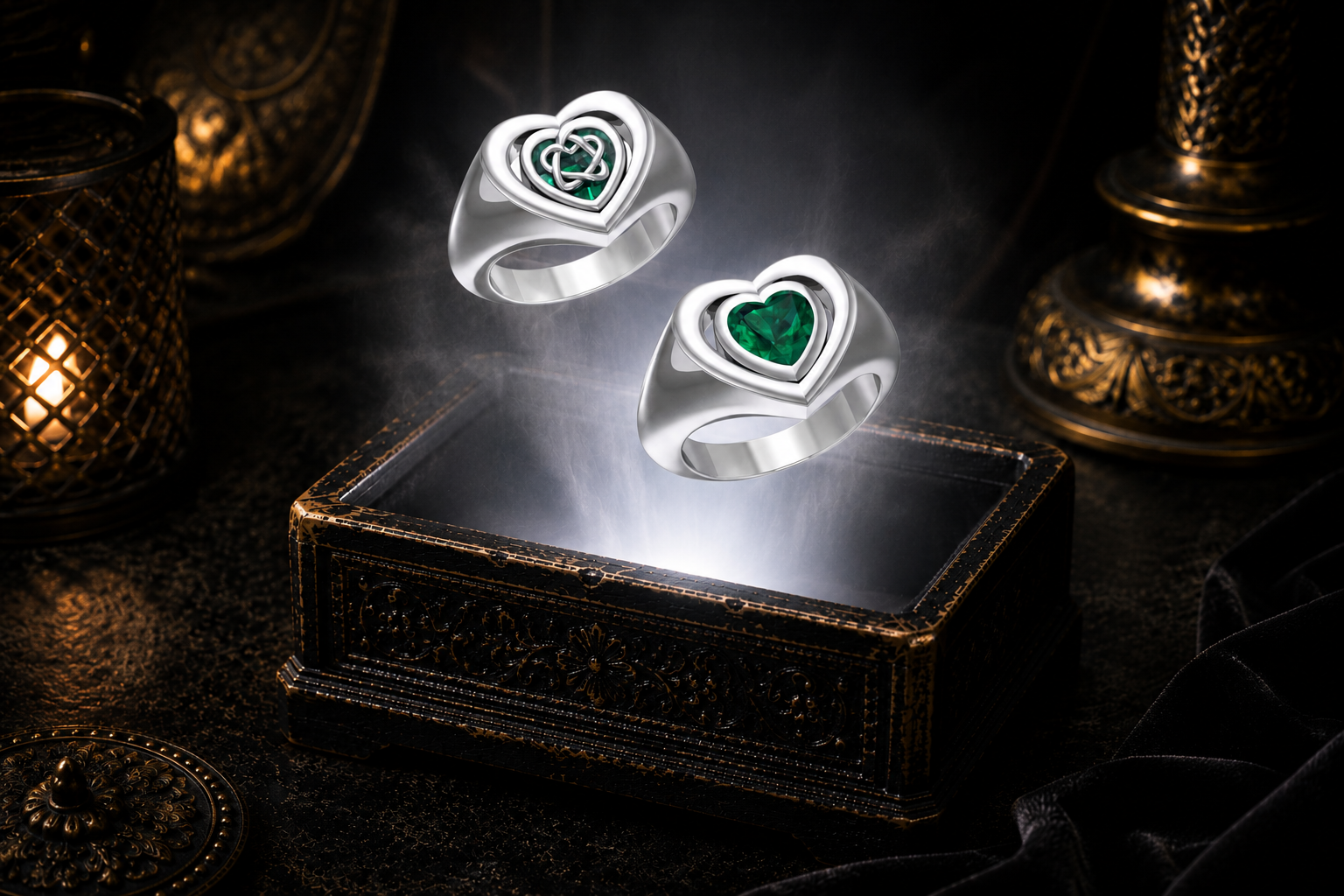 Sterling silver reversible Celtic heart flip ring displaying a heart-shaped emerald glass gemstone, photographed in a luxury dark jewelry box with a glowing white light and cinematic atmosphere.