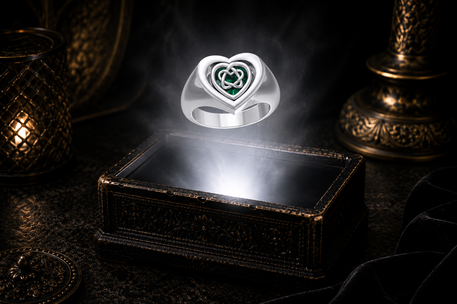 Sterling silver reversible Celtic heart flip ring displaying a heart-shaped emerald glass gemstone, photographed in a luxury dark jewelry box with a glowing white light and cinematic atmosphere.