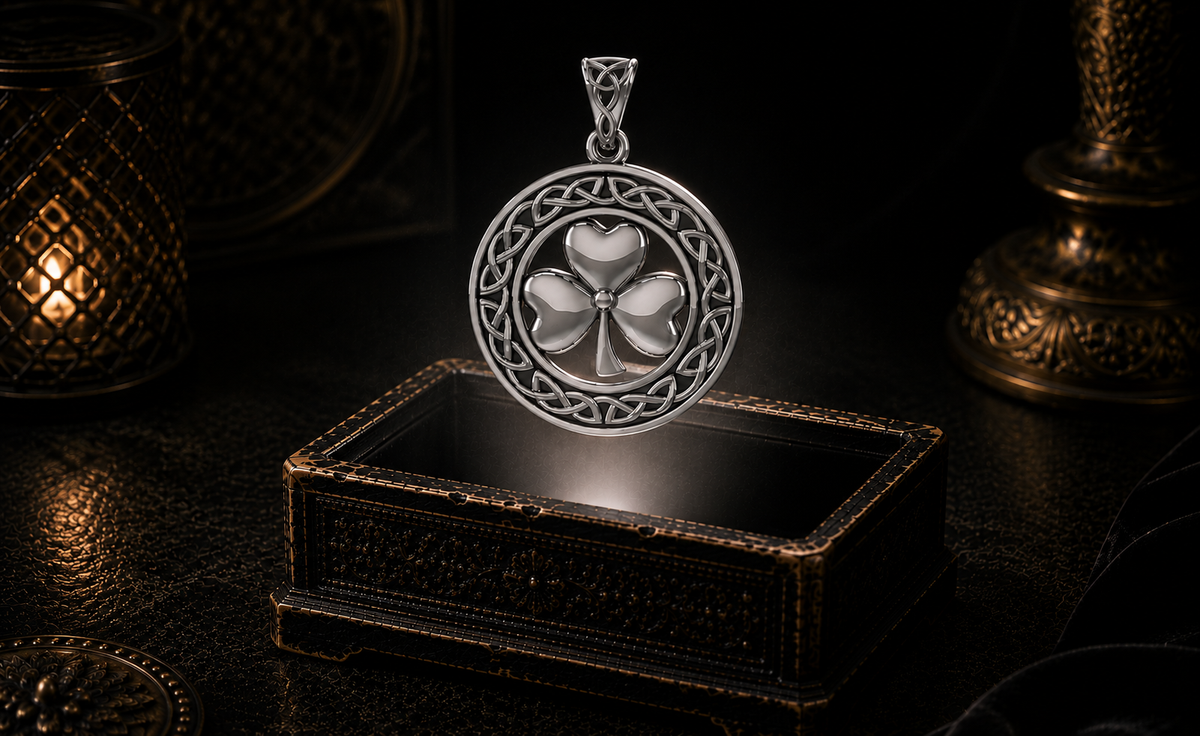 Sterling silver shamrock emblem pendant with Celtic knotwork floating above an ornate jewelry box in a dark luxury setting with mystical glowing light.