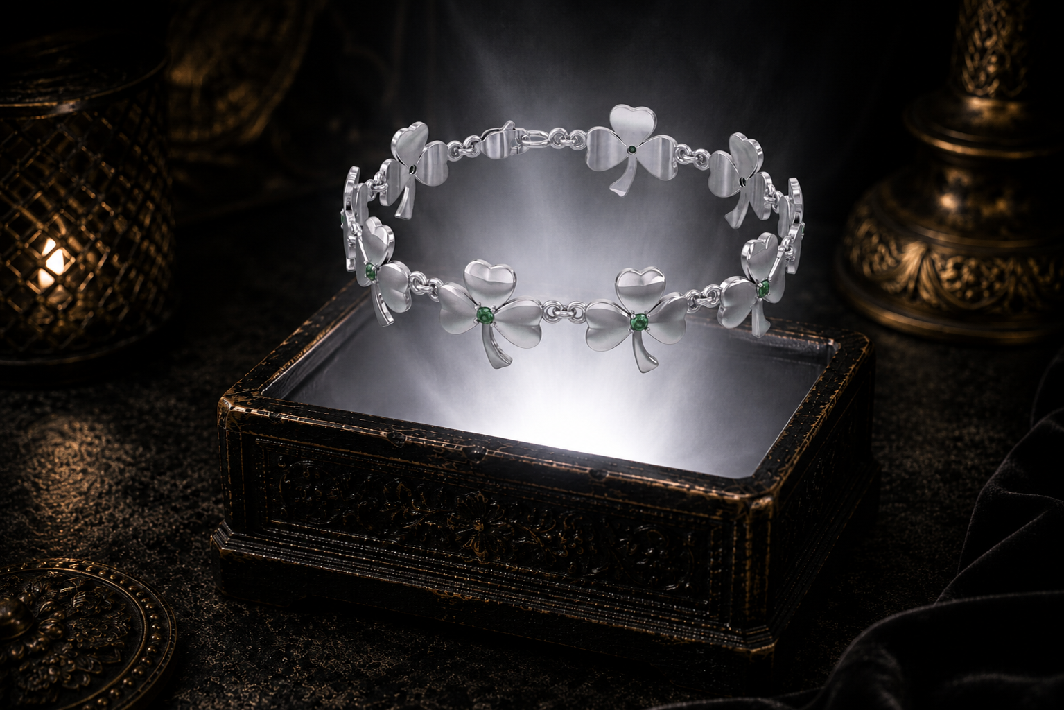 Sterling silver shamrock link bracelet with emerald green accent gemstones floating above an ornate black jewelry box illuminated by soft white light in a dark luxury Irish-inspired setting.
