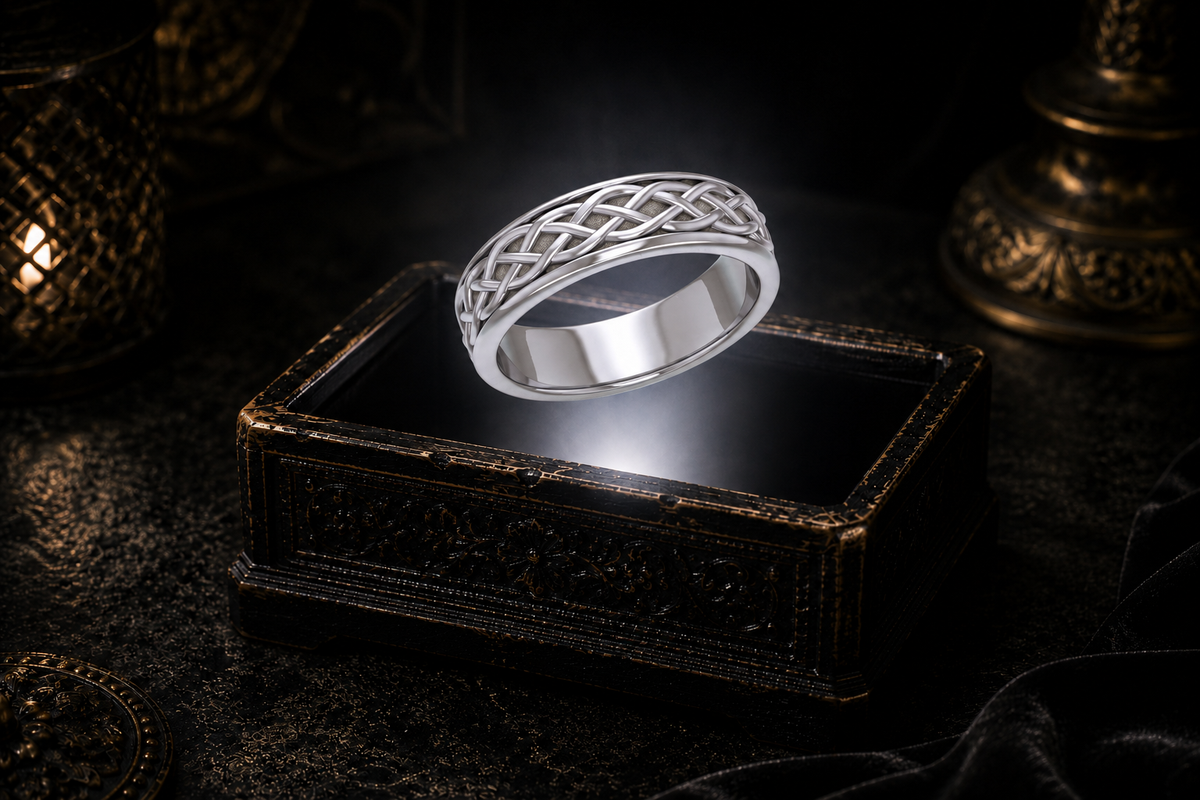 Sterling silver Celtic knot spinner ring with a rotating woven band floating above an ornate antique jewelry box illuminated by a neutral white beam in a cinematic luxury setting.