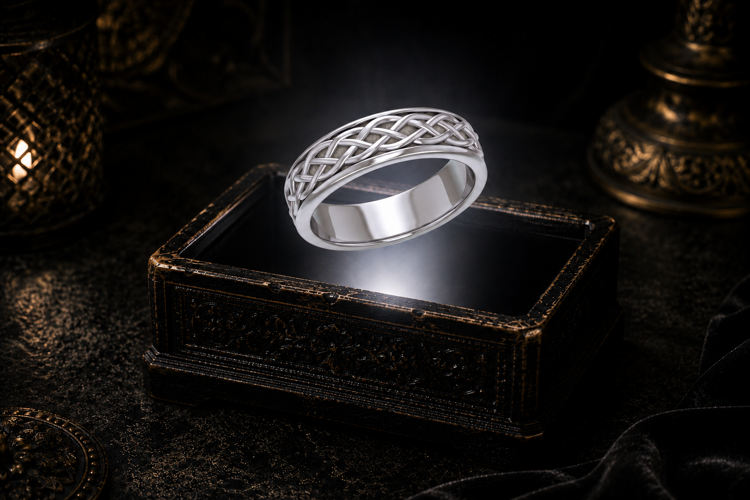 Sterling silver Celtic knot spinner ring with a rotating woven band floating above an ornate antique jewelry box illuminated by a neutral white beam in a cinematic luxury setting.