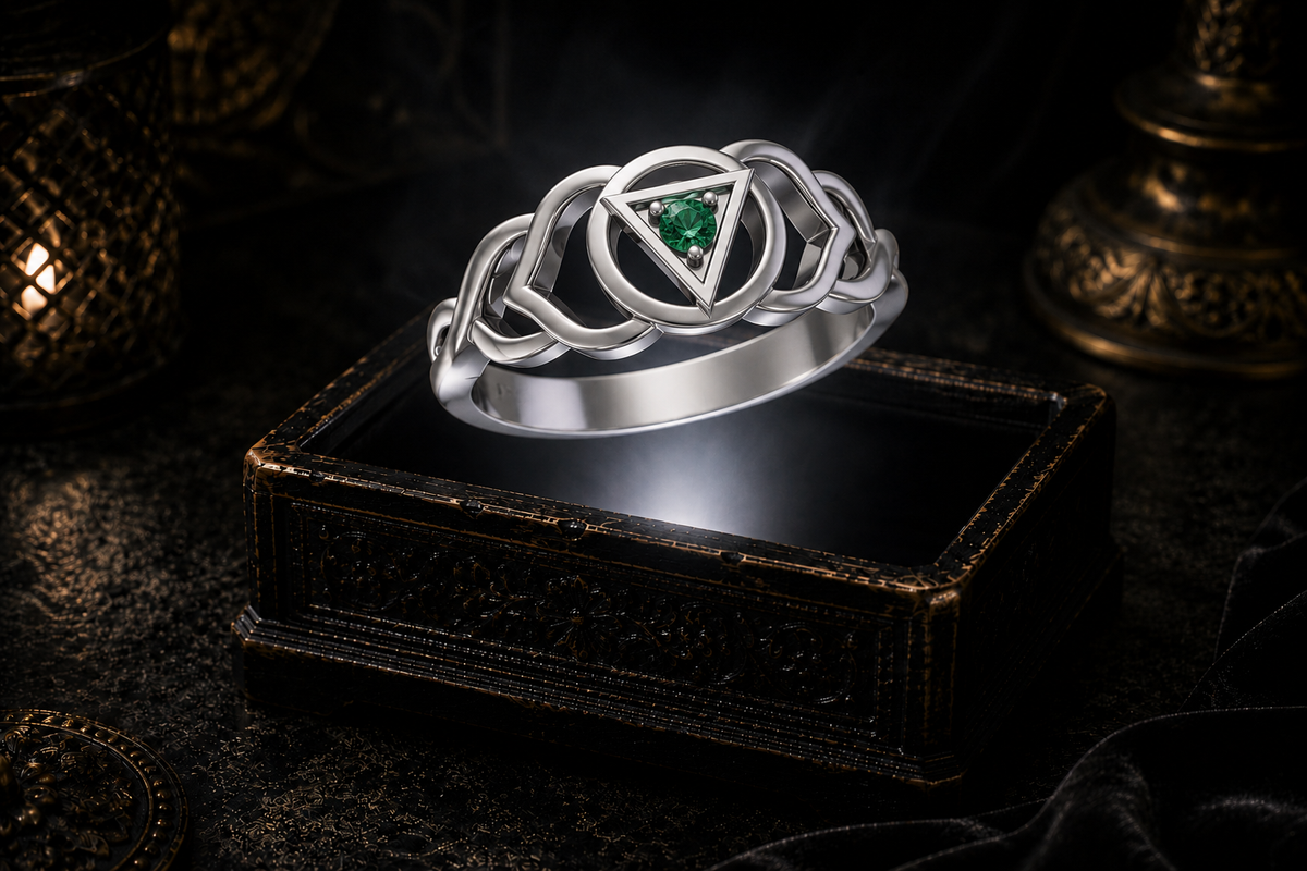 Sterling silver Third Eye chakra Celtic knot ring with emerald glass gemstone displayed above an ornate dark jewelry box in a mystical gothic setting.