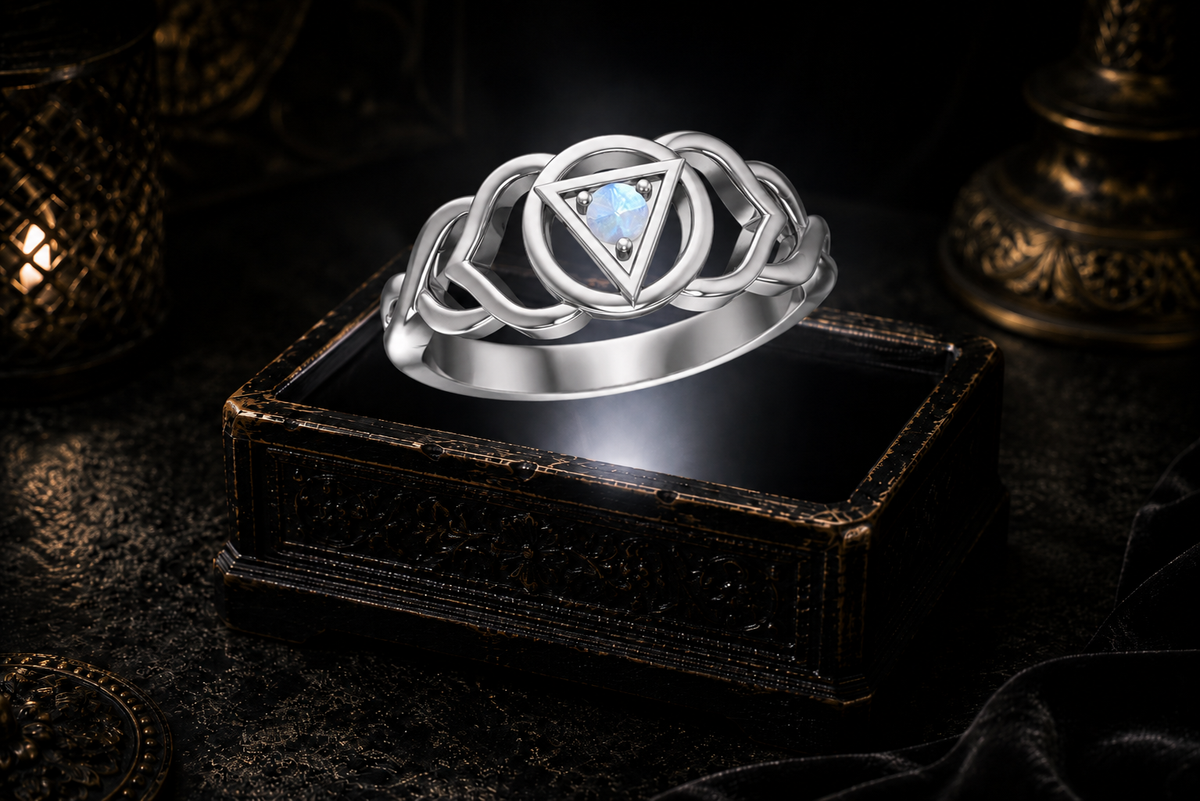 Sterling silver Third Eye chakra Celtic knot ring with rainbow moonstone gemstone displayed above an ornate dark jewelry box in a mystical gothic setting.