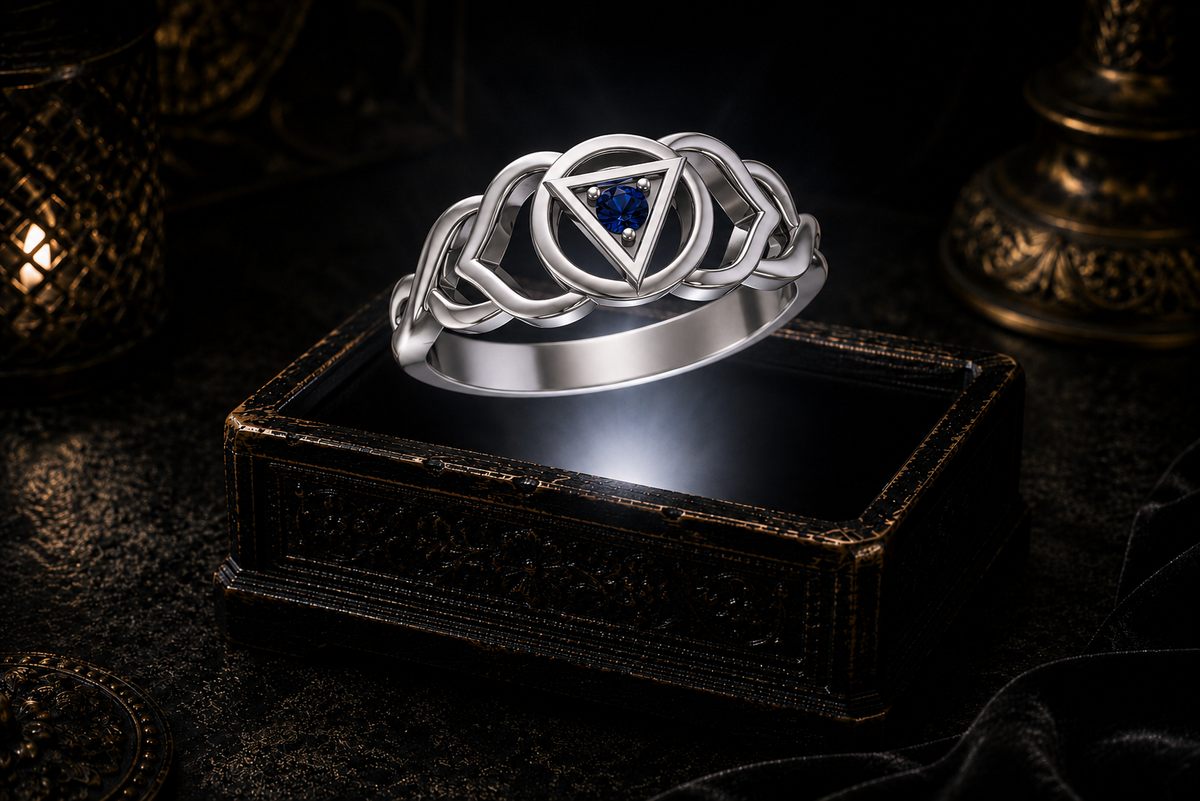Sterling silver Third Eye chakra Celtic knot ring with sapphire gemstone displayed above an ornate dark jewelry box in a mystical gothic setting.