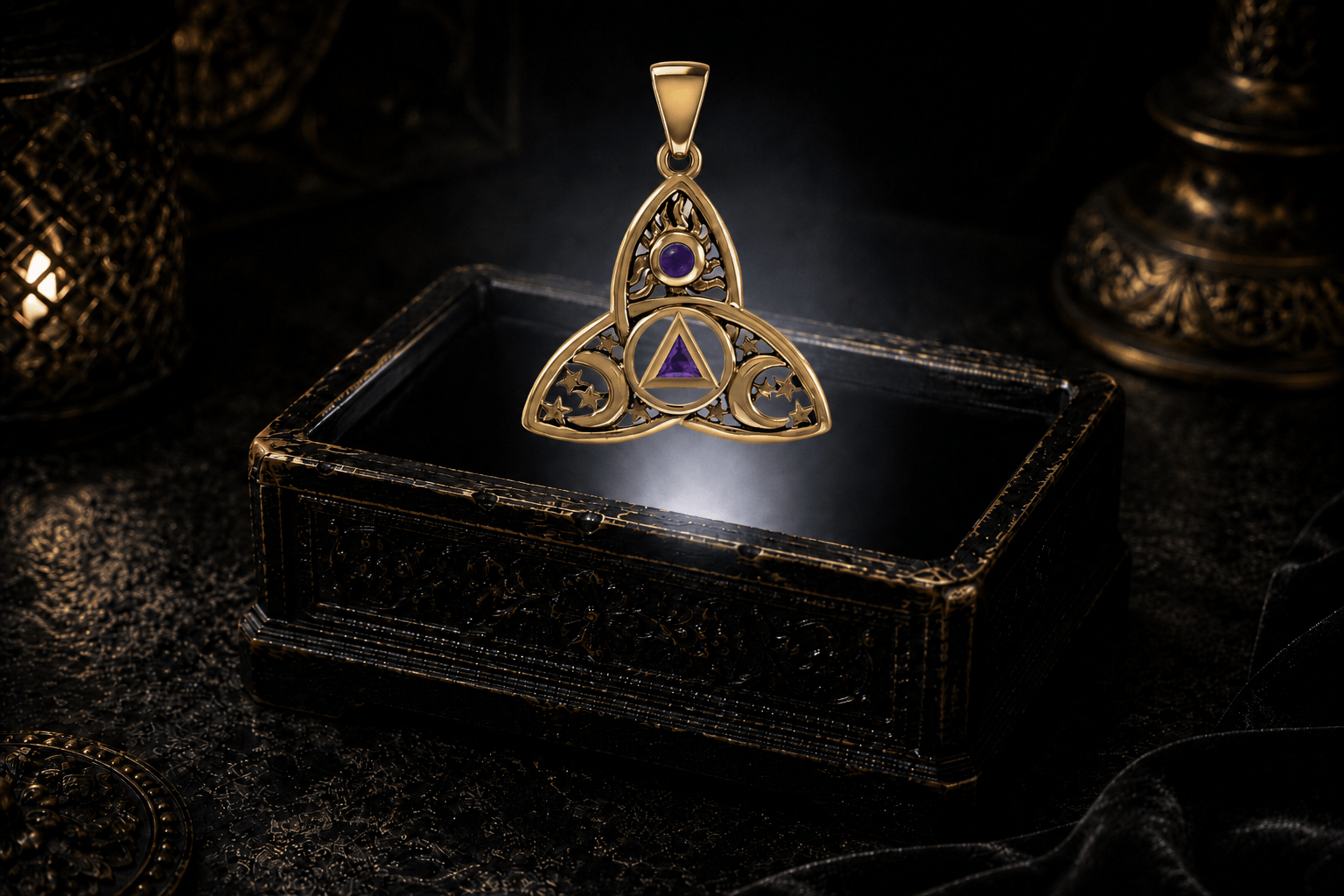 Yellow gold sun, moon and stars Trinity Knot pendant with purple amethyst accents floating above an ornate jewelry box