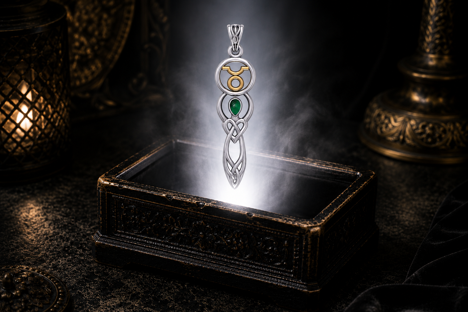 Sterling silver Taurus zodiac goddess pendant with natural emerald and gold accents floating above an ornate jewelry box illuminated by glowing light in a dark luxury setting.