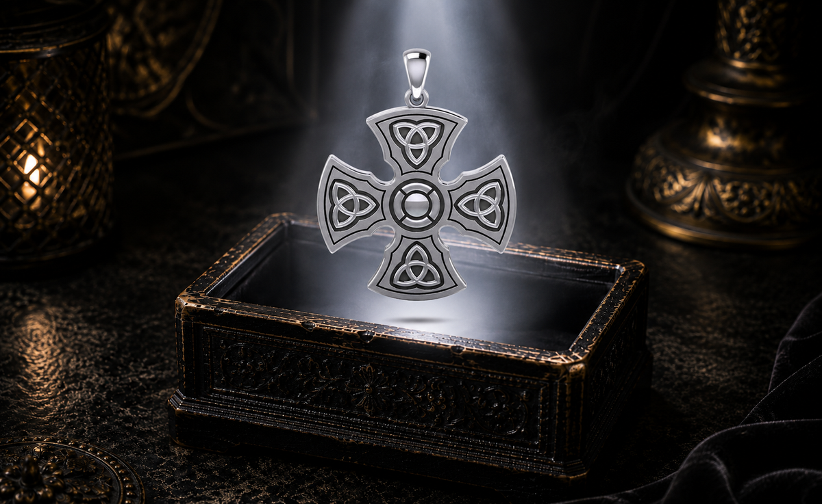 Sterling silver Templar Celtic Cross pendant featuring four Triquetra symbols floating above an ornate jewelry box beneath a radiant beam of light in a dark luxury setting.