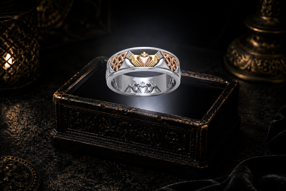 Three-tone Celtic Claddagh sterling silver band ring with gold and rose gole accents hovering above an illuminated antique jewelry box in a dark cinematic mystical luxury setting