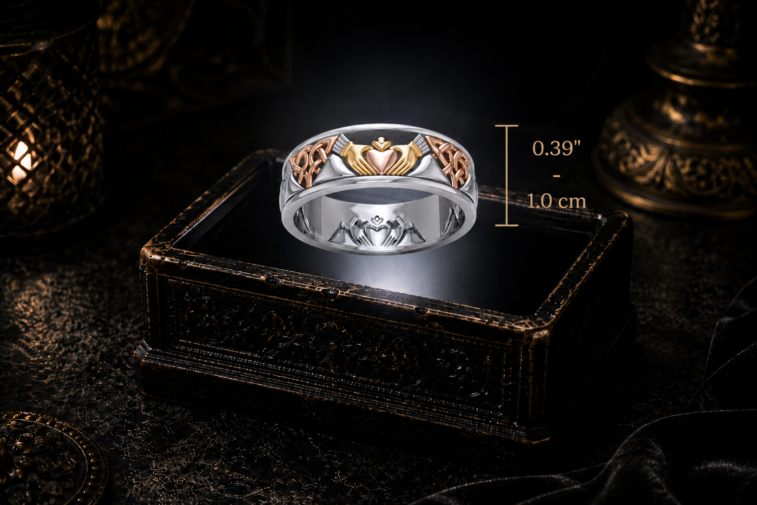 Three-tone Celtic Claddagh sterling silver band ring with gold and rose gole accents hovering above an illuminated antique jewelry box in a dark cinematic mystical luxury setting