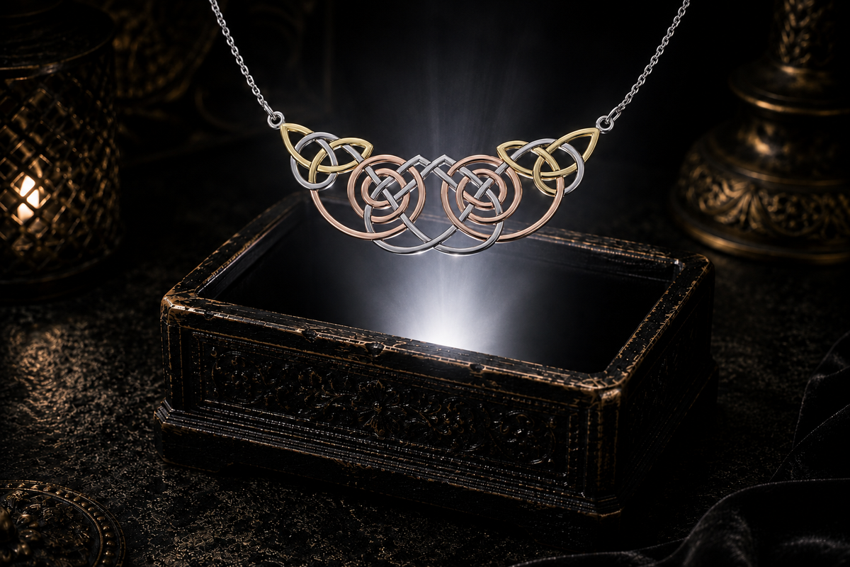 Three-tone Celtic knot necklace in sterling silver with yellow and rose gold accents suspended above an antique jewelry box in a neutral beam of light