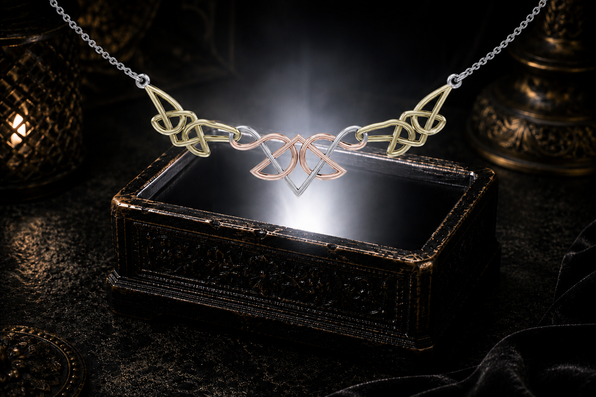 Elegant Celtic knot necklace in sterling silver with yellow gold and rose gold detailing displayed against a shadowed luxury backdrop