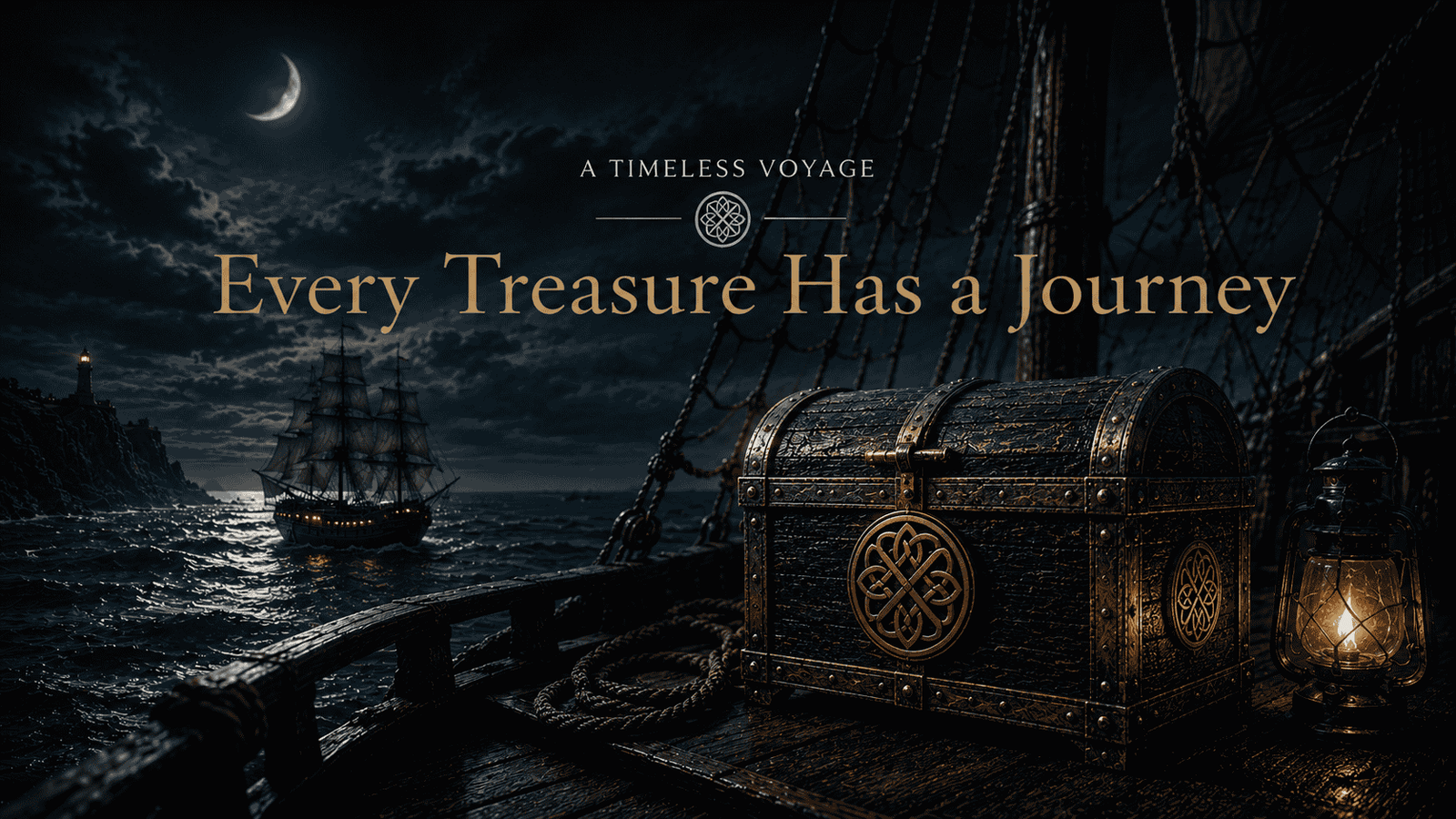 Treasure chest aboard a lantern-lit ship beneath a crescent moon with the words “Every Treasure Has a Journey”