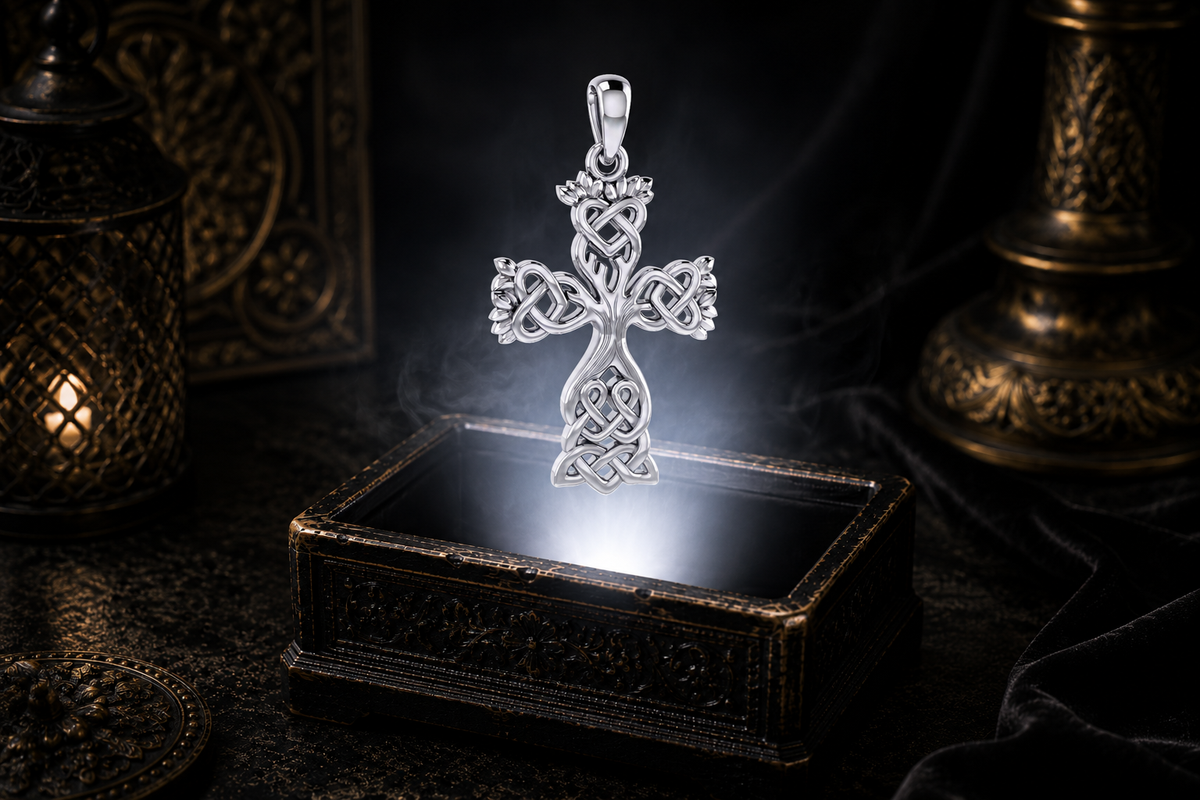Sterling silver Tree of Life Celtic Cross pendant floating above an ornate black jewelry box illuminated by soft white light in a dark luxurious setting with Celtic-inspired decor, candlelight, and mystical atmosphere.