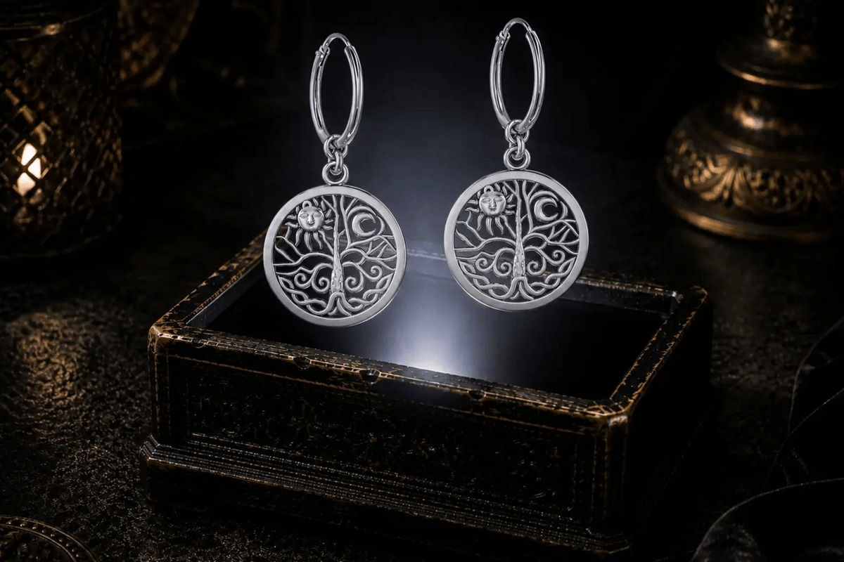 Sterling silver Celtic Tree of Life sun and moon hoop earrings floating above a glowing ornate jewelry box in a dark luxurious mystical setting with cinematic lighting