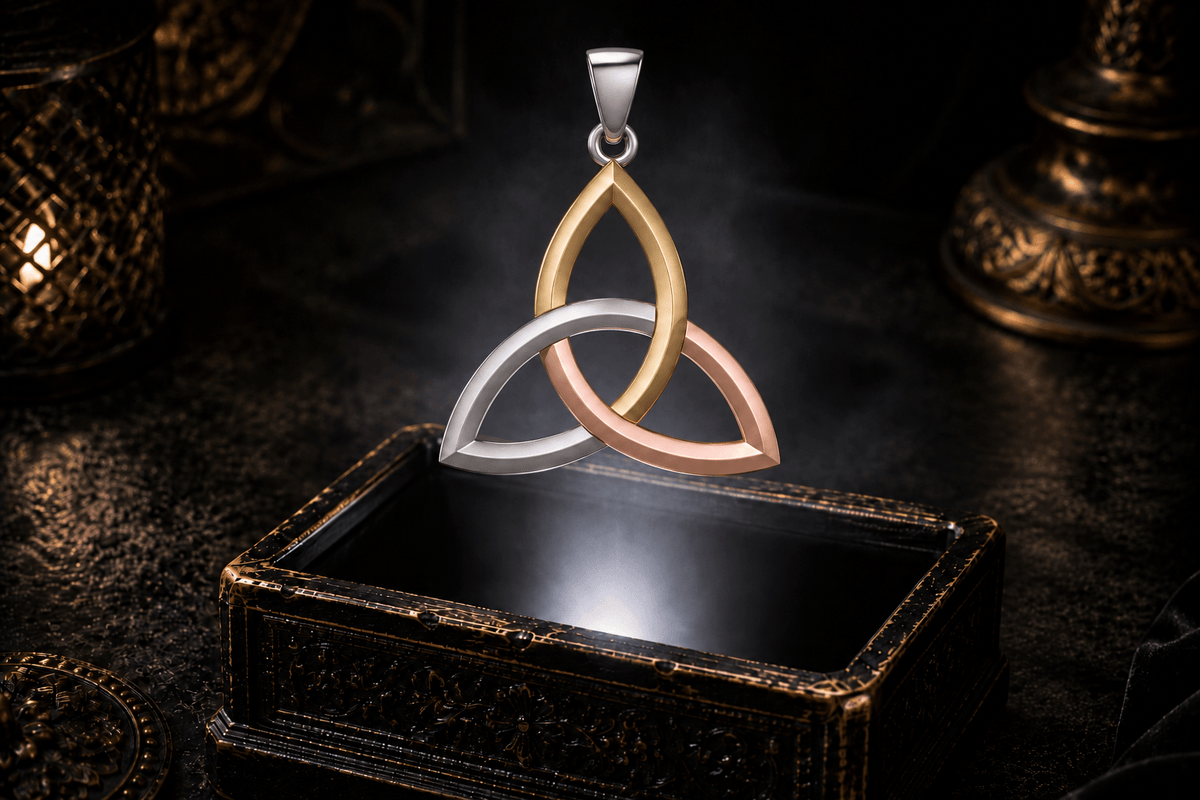 Three-tone Celtic Trinity Knot pendant in silver, yellow gold and rose gold finishes, floating above an ornate black jewelry box.