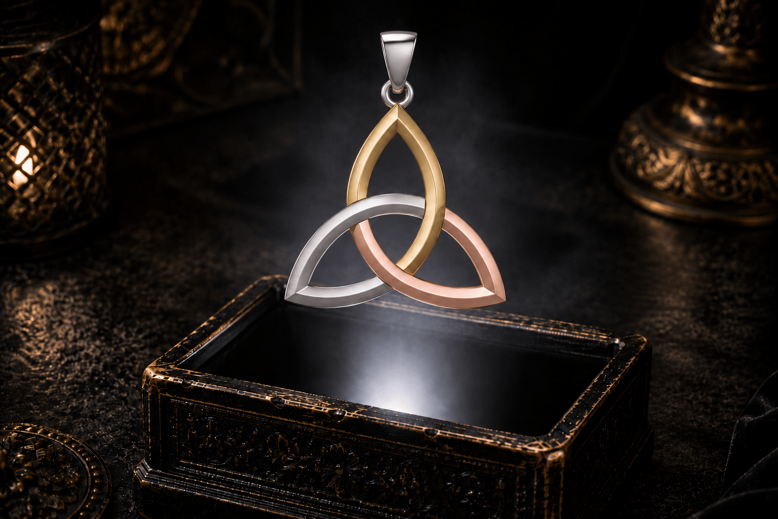 Three-tone Celtic Trinity Knot pendant in silver, yellow gold and rose gold finishes, floating above an ornate black jewelry box.